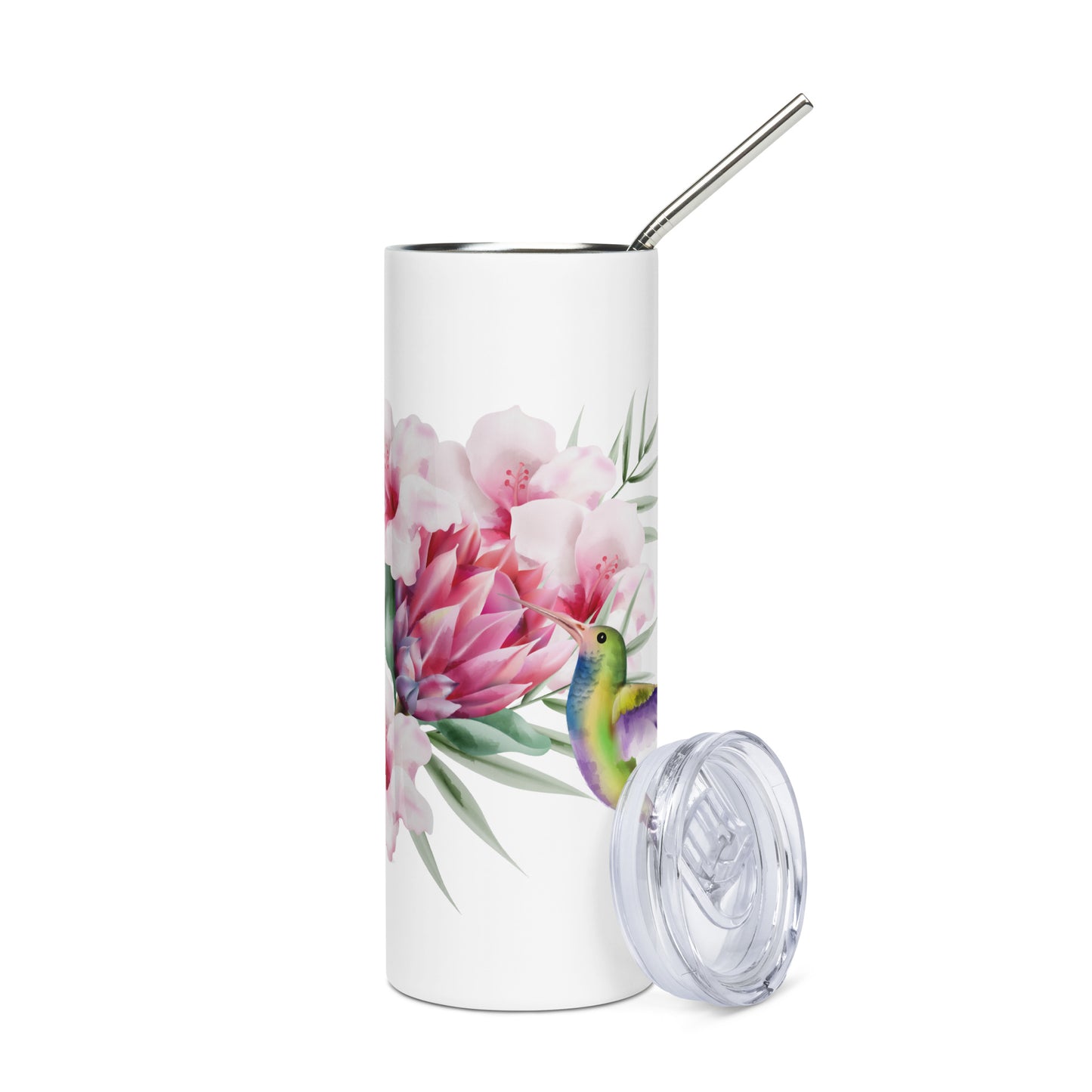 20oz Stainless Steel Skinny Tumbler Hummingbird and Protea Flower - Expressive DeZien