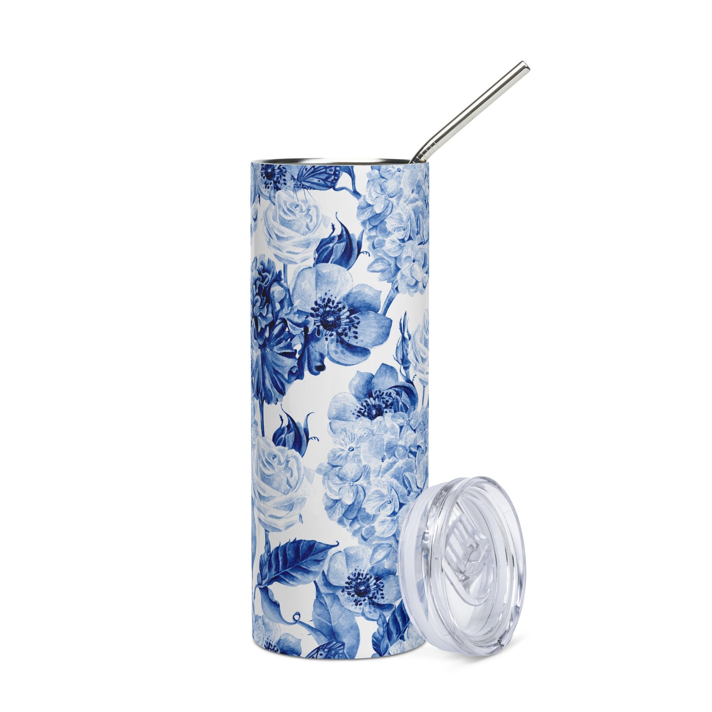 20oz Stainless Steel Skinny Tumbler Blue Watercolor Flowers - Expressive DeZien 