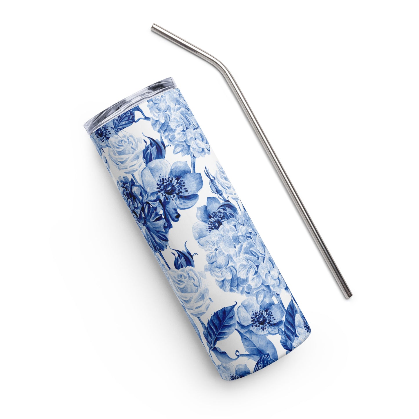 20oz Stainless Steel Skinny Tumbler Blue Watercolor Flowers - Expressive DeZien 