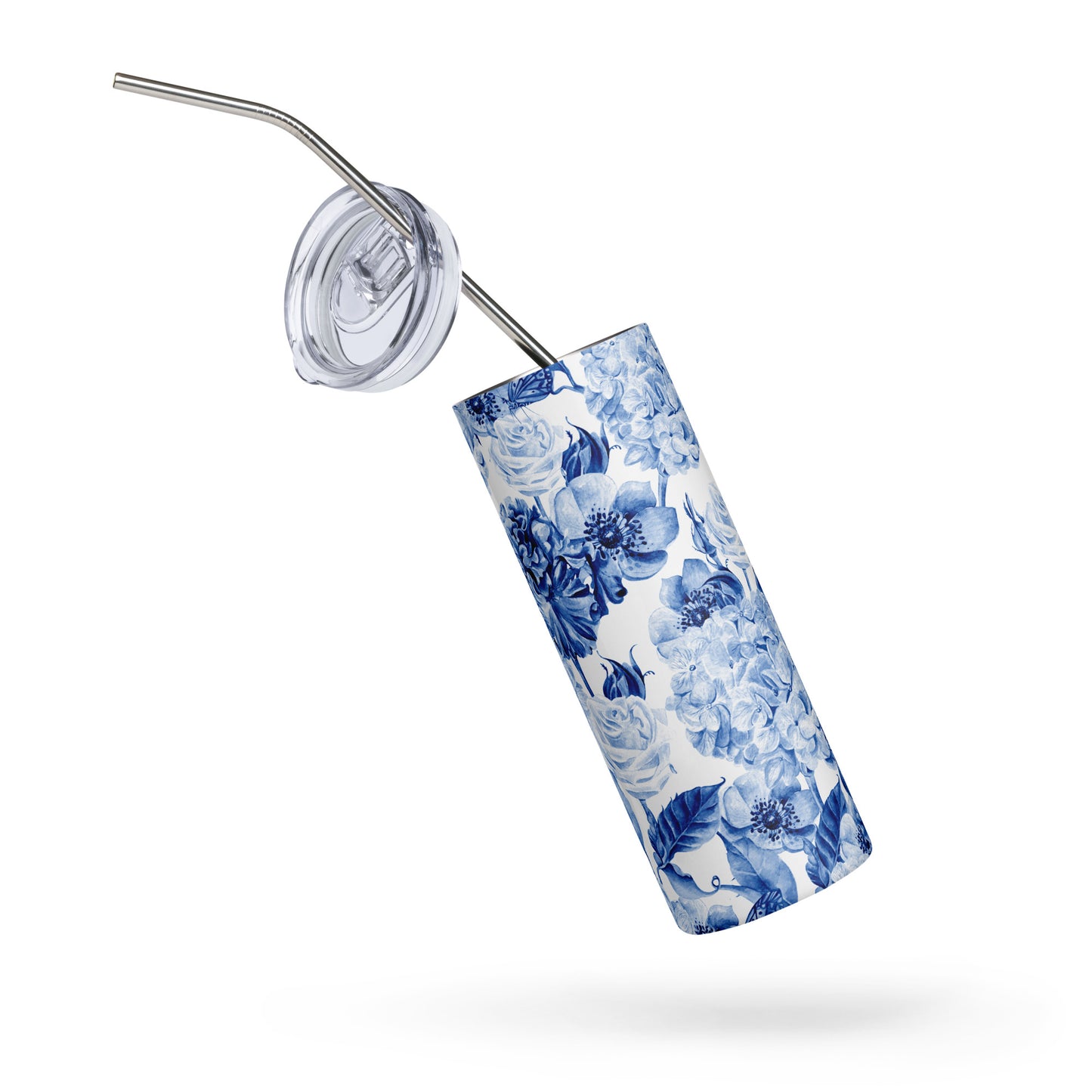 20oz Stainless Steel Skinny Tumbler Blue Watercolor Flowers - Expressive DeZien 