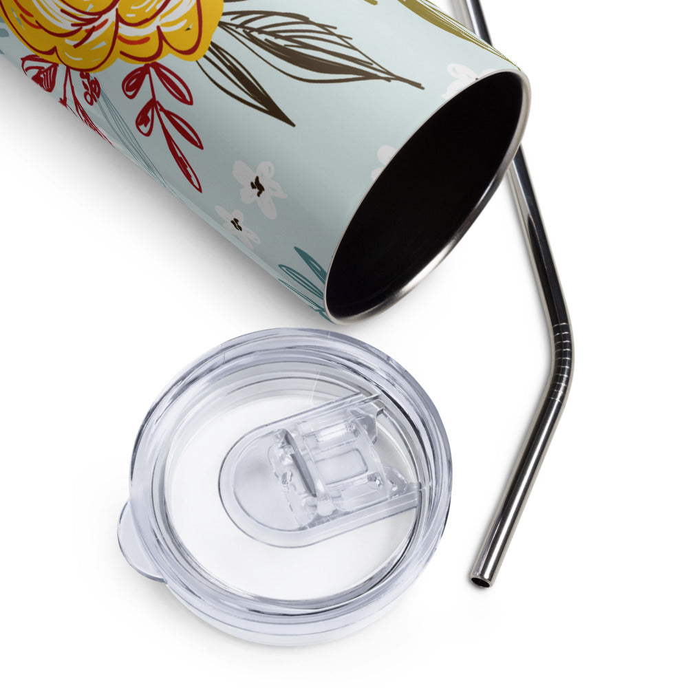 20oz Stainless Steel Skinny Tumbler Light Blue Red Yellow Rose - Expressive DeZien