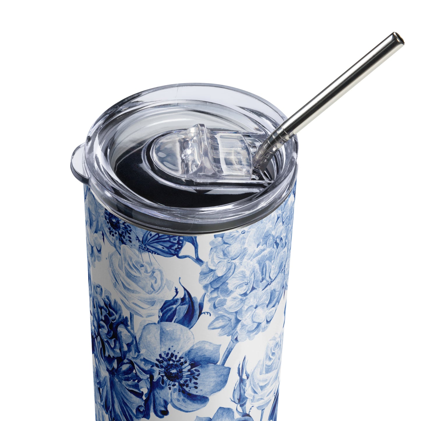 20oz Stainless Steel Skinny Tumbler Blue Watercolor Flowers - Expressive DeZien 