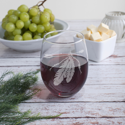 Two Feathers Etched Stemless Wine Glass Sand Carved 20oz Gift