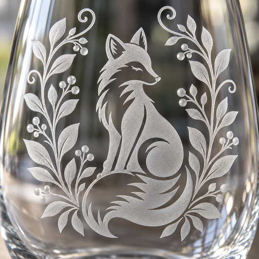 Woodland Fox Etched Stemless Wine Glass by Expressive DeZien with permanent sandblasted artwork