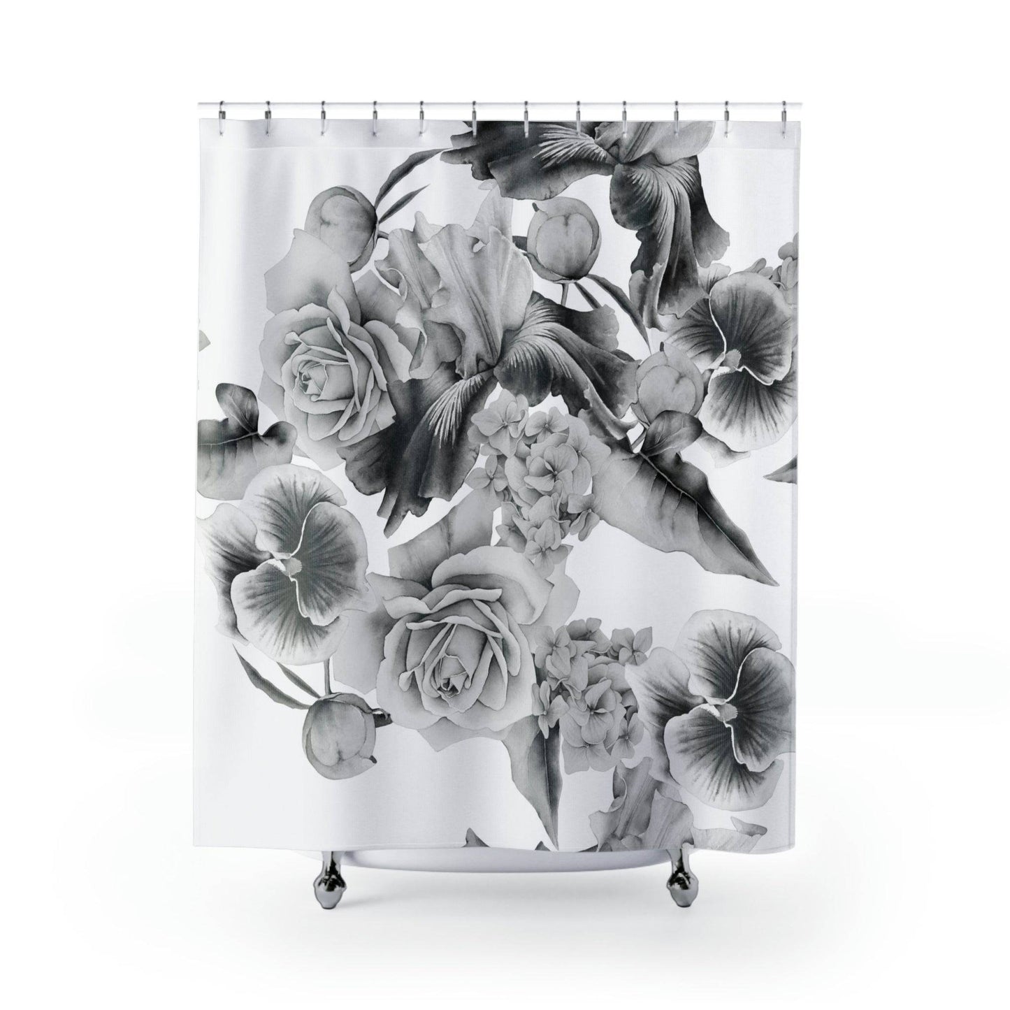 Monochrome Watercolor Flowers Shower Curtains - Expressive DeZien