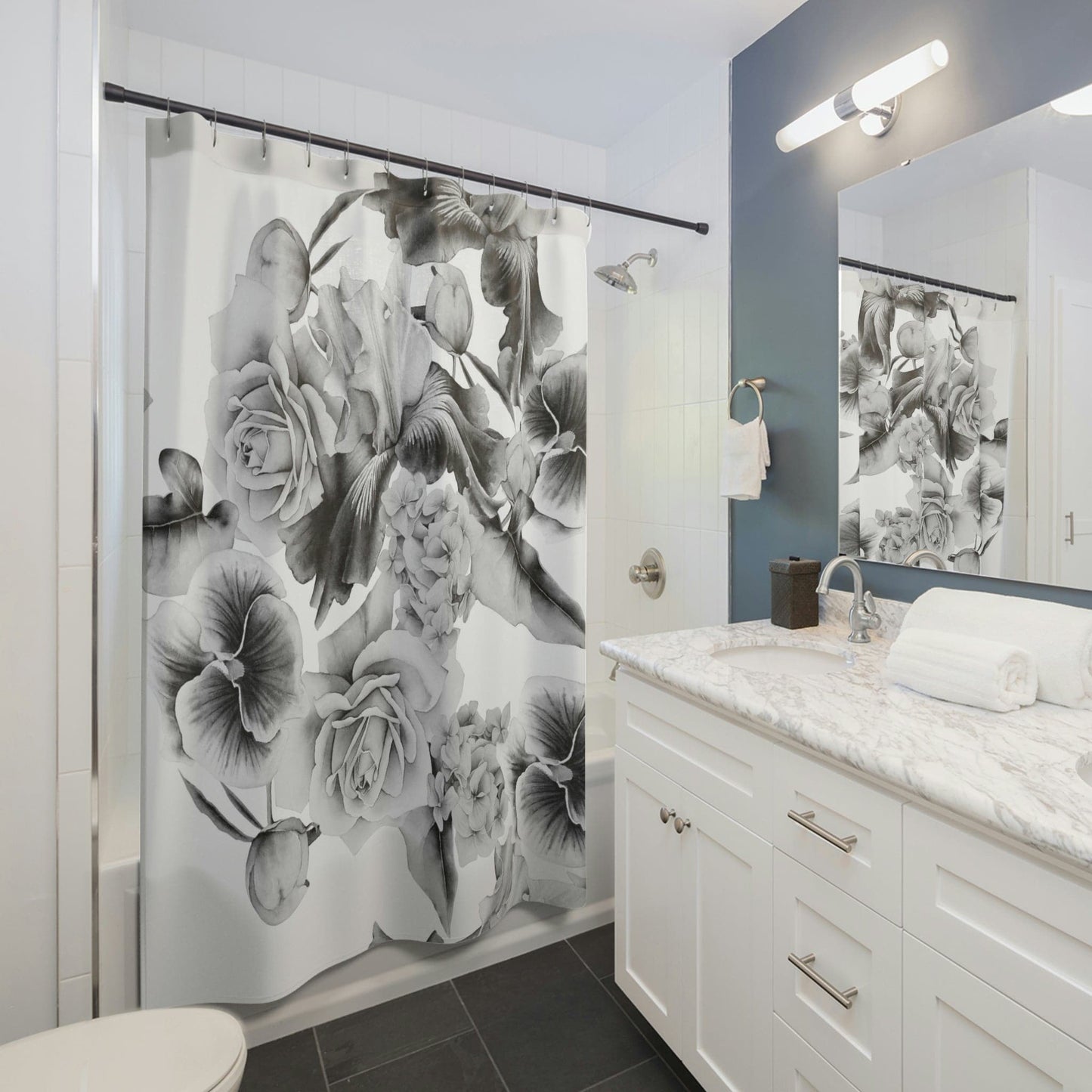Monochrome Watercolor Flowers Shower Curtains - Expressive DeZien