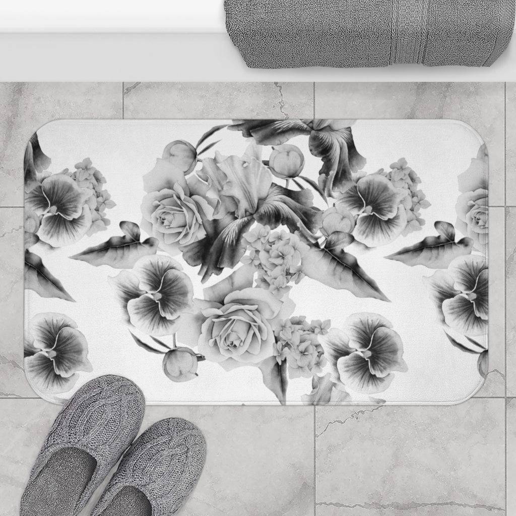 Monochrome Watercolor Flowers Bath Mat - Expressive DeZien