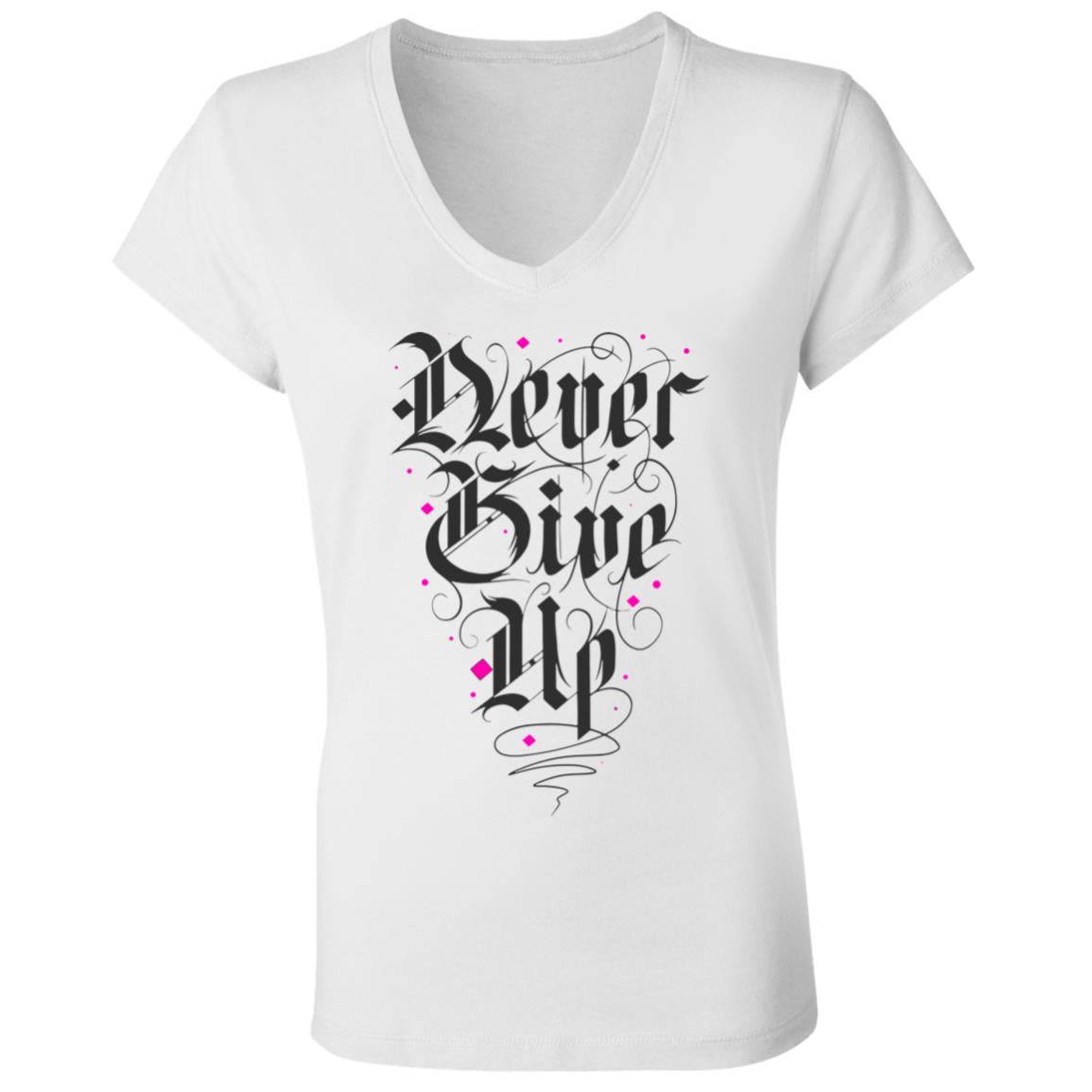 Never Give Up Ladies' Jersey V-Neck T-Shirt - Expressive DeZien