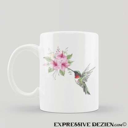Watercolor Hibiscus and Hummingbird 15 oz. White Mug - Expressive DeZien 