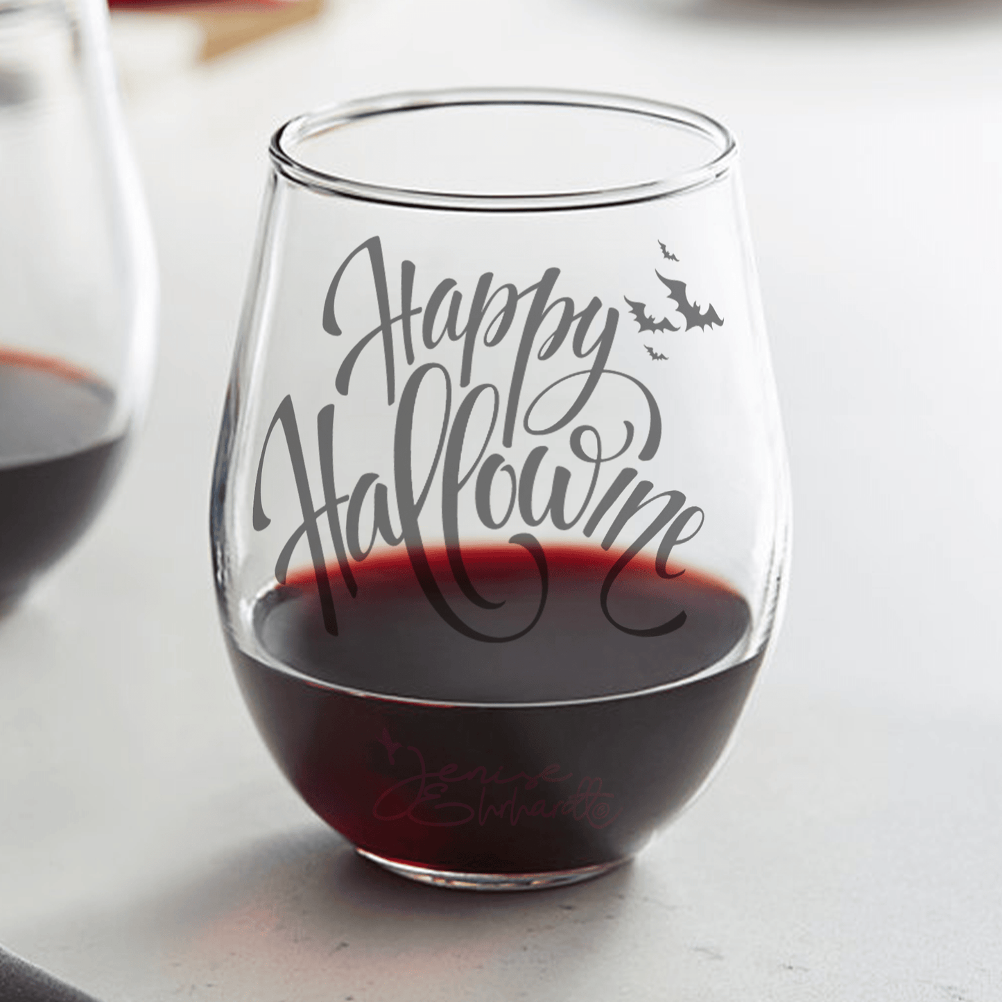Halloween Happy HalloWINE with Bats Etched Stemless Wine Glass 20.5oz - Expressive DeZien 