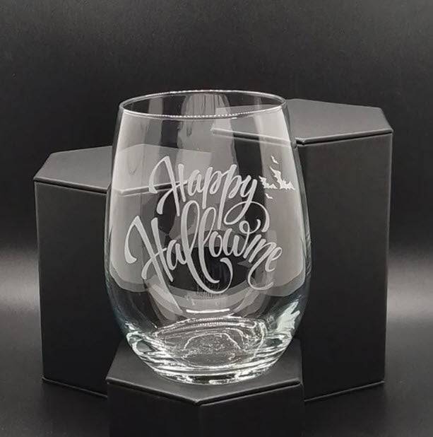 Halloween Happy HalloWINE with Bats Etched Stemless Wine Glass 20.5oz - Expressive DeZien