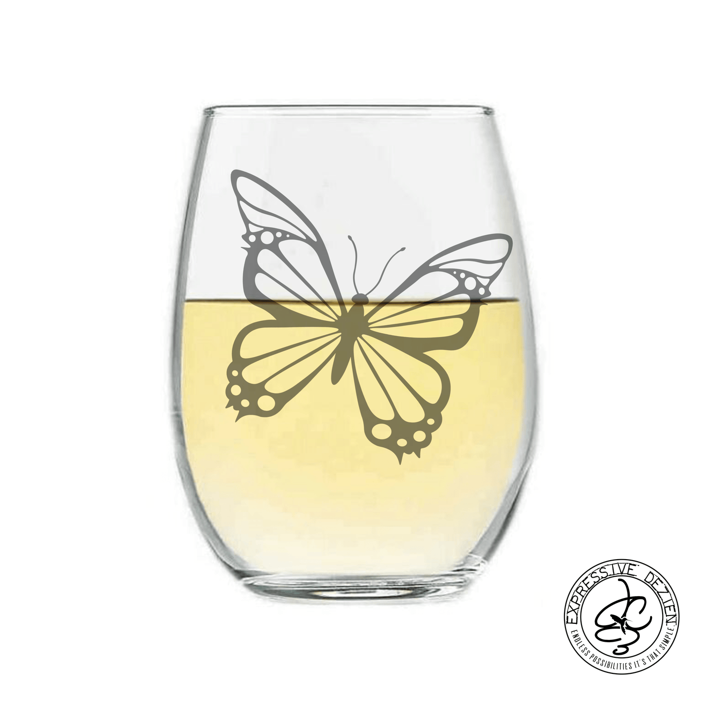 Etched Butterfly Stemless Wine Glass 20.5oz V1 - Expressive DeZien 