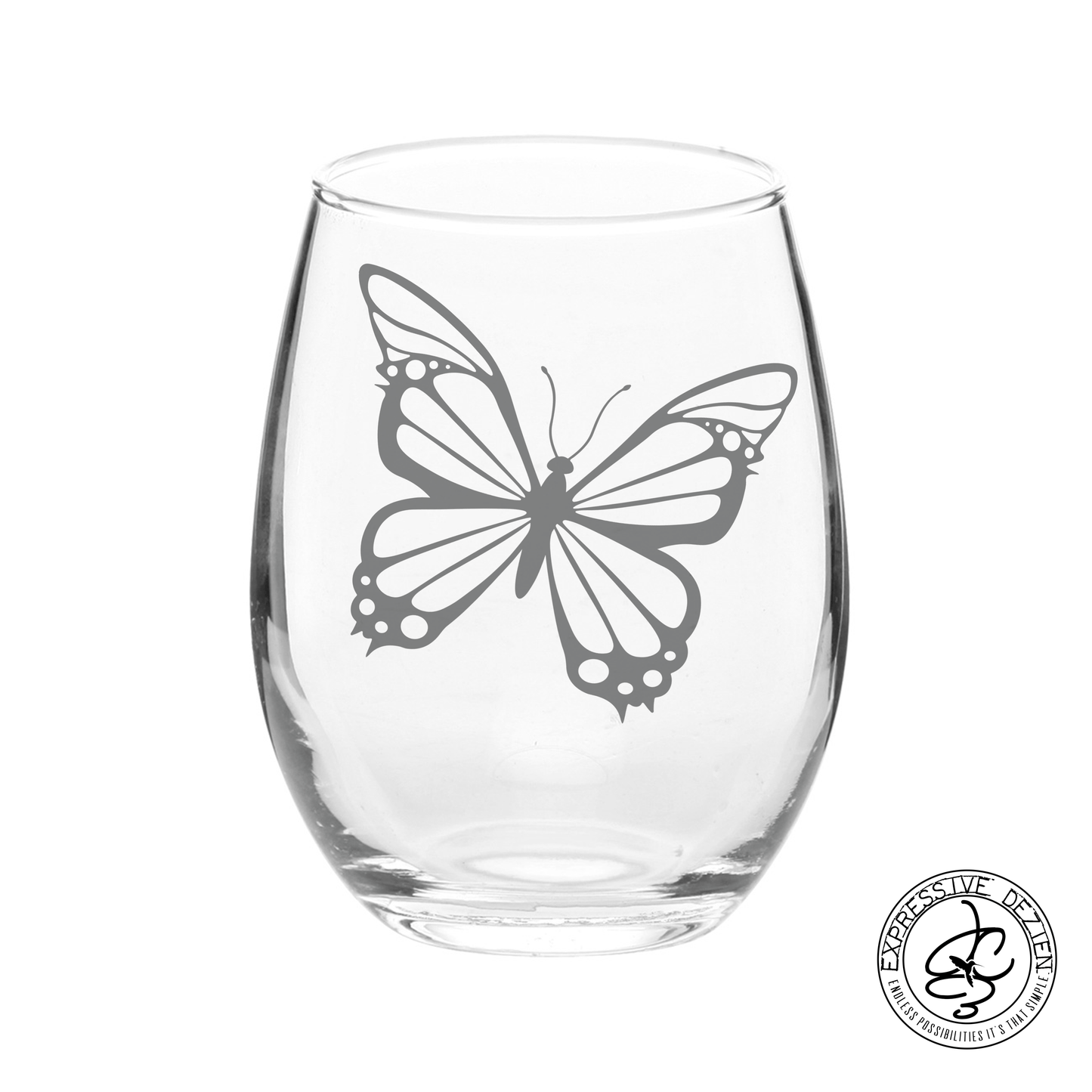 Etched Butterfly Stemless Wine Glass 20.5oz V1 - Expressive DeZien