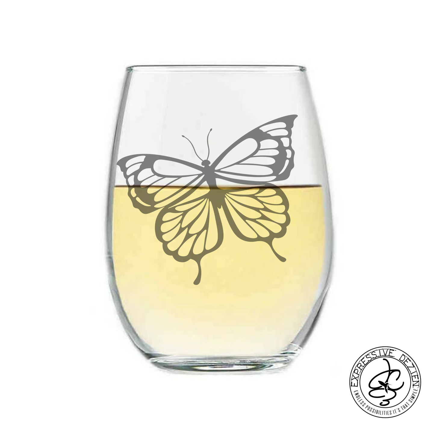 Etched Butterfly Stemless Wine Glass 20.5oz V2 - Expressive DeZien 