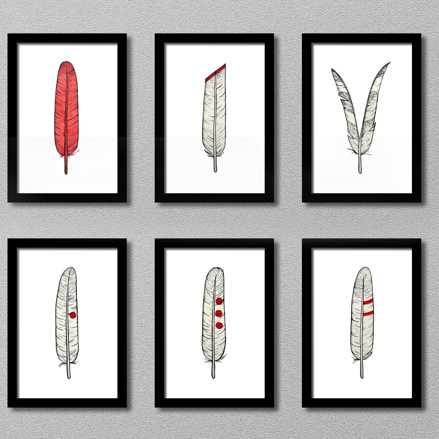Feathers Set of 6 Colored Pencil Watercolor Print - Expressive DeZien