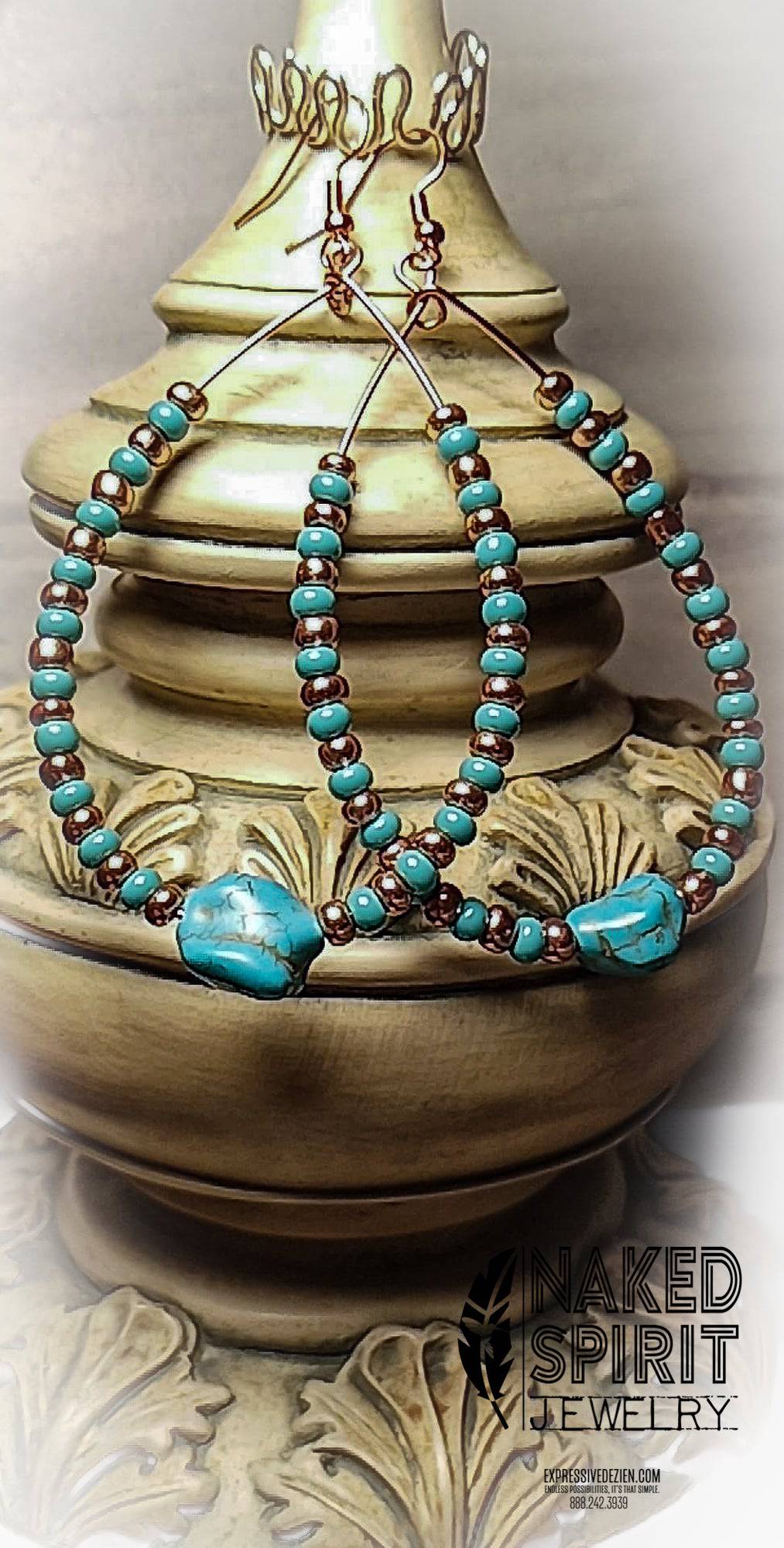 Beaded Copper & Turquoise Chunky Teardrop Hoop Earrings - Expressive DeZien