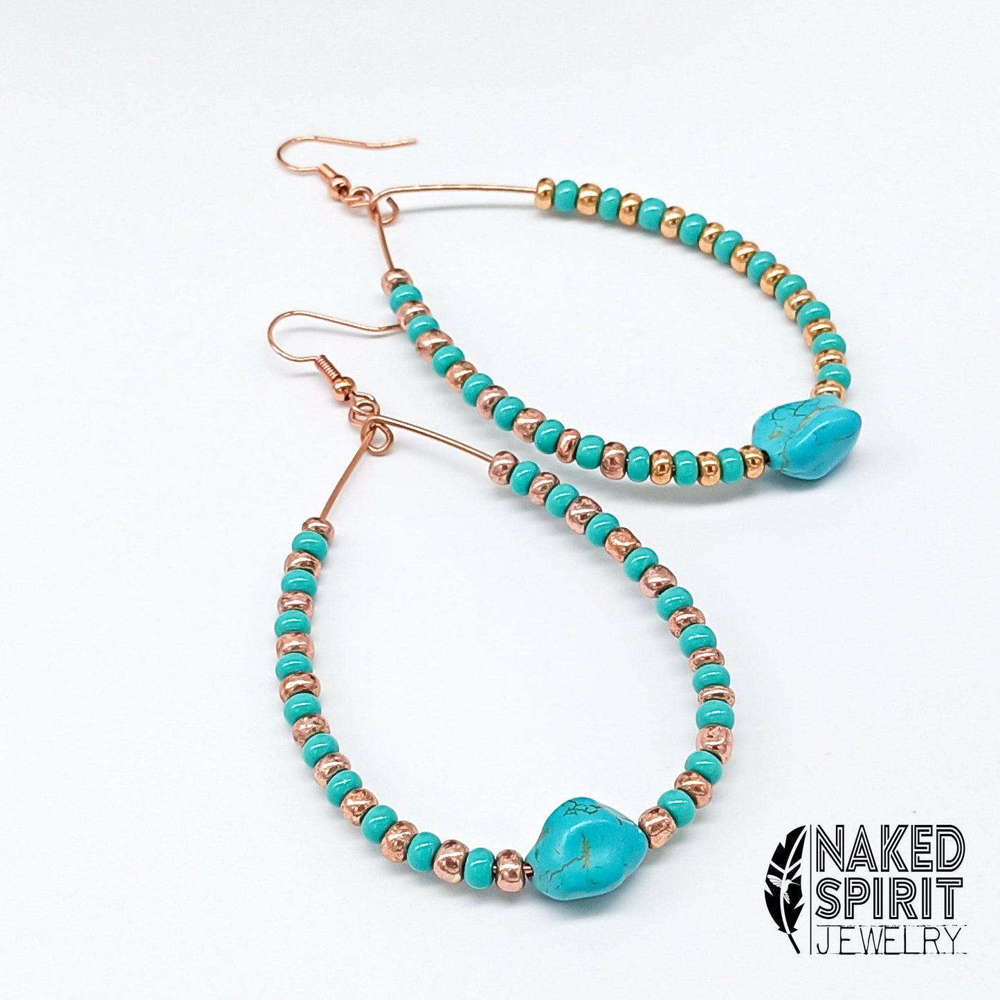 Beaded Copper & Turquoise Chunky Teardrop Hoop Earrings - Expressive DeZien