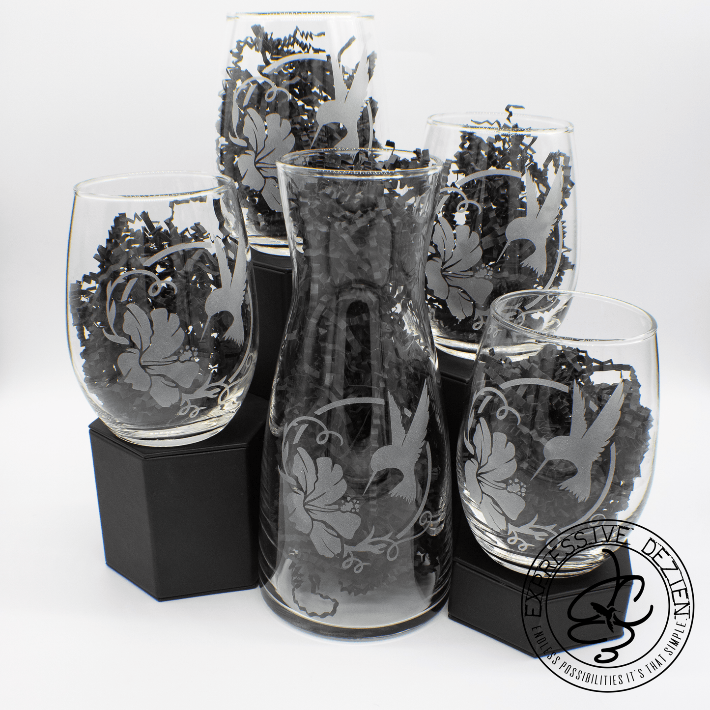 Elegant Etched Hummingbird 33.8oz Wine Carafe & 20.5oz Stemless Wine Glasses Set (4 Piece Set) - Expressive DeZien