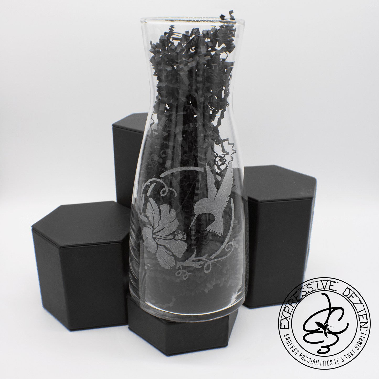 Elegant Etched Hummingbird 33.8oz Wine Carafe & 20.5oz Stemless Wine Glasses Set (4 Piece Set) - Expressive DeZien