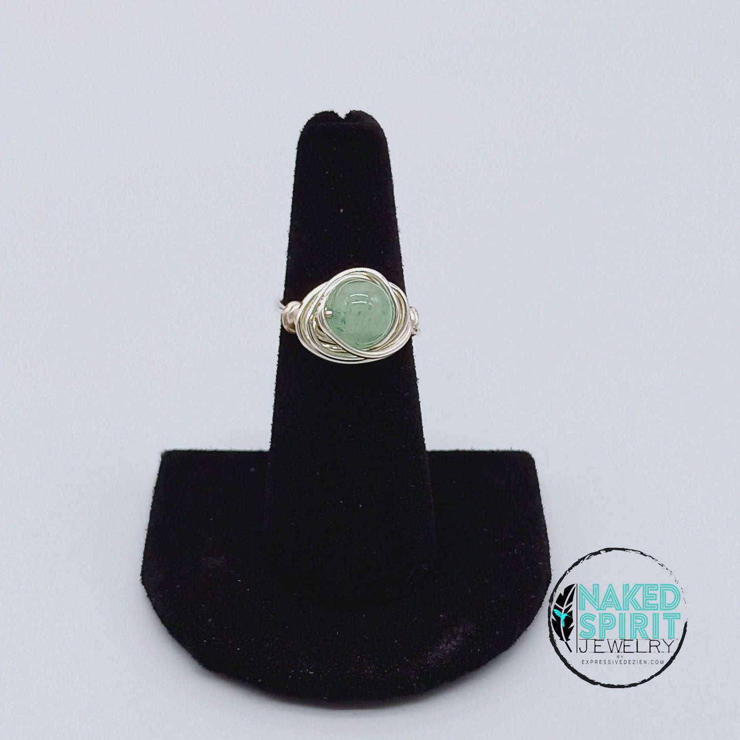 Silver Light Green Jade Bead Wrapped Ring - Expressive DeZien