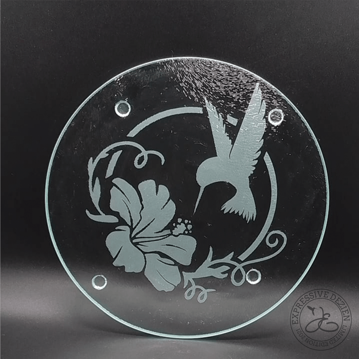 Hummingbird Circled with Hibiscus Etched & Hand Carved Glass Trivet Native inspired and created Great Gift - Expressive DeZien