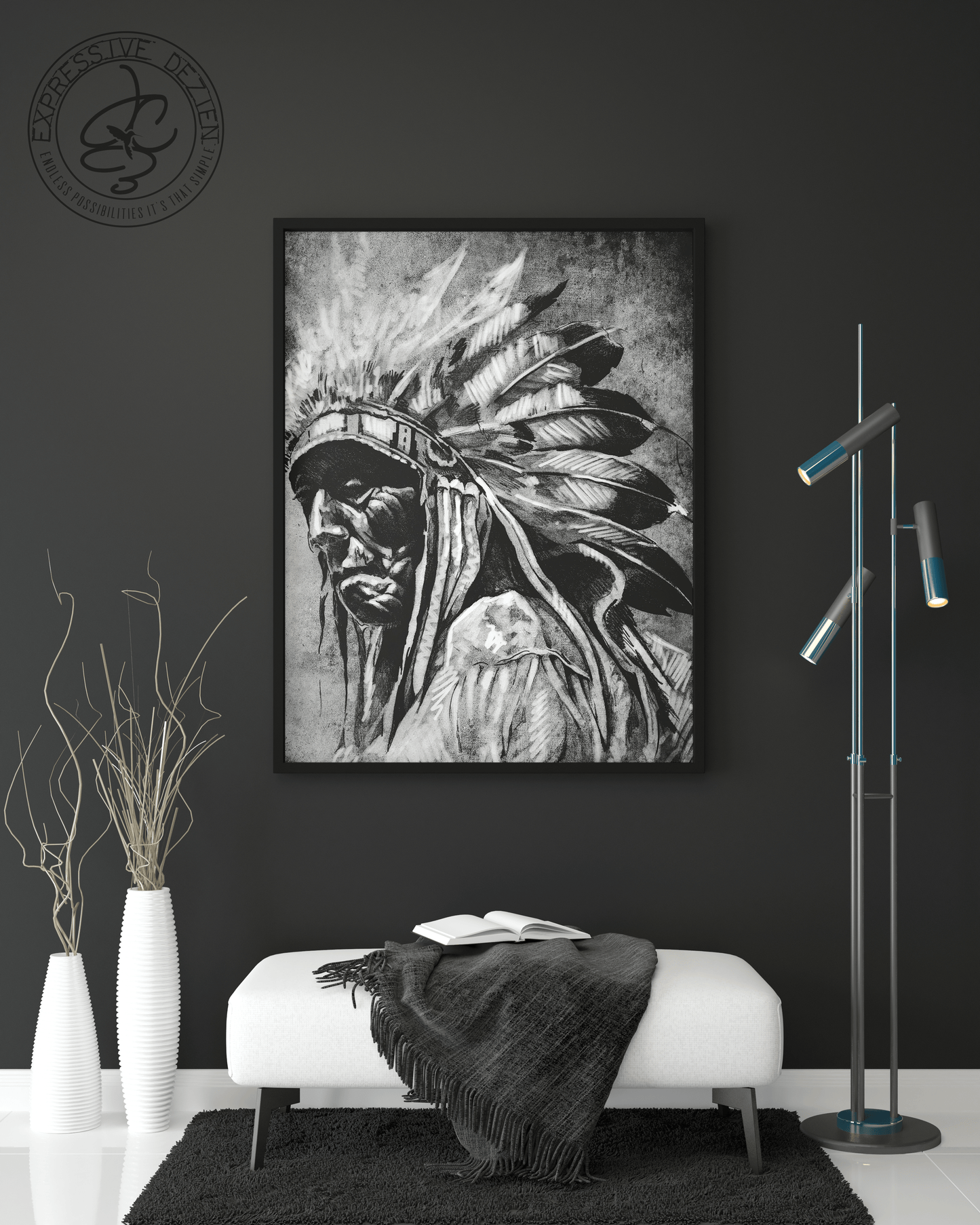 Many Steps Indigenous Chief Charcoal - Expressive DeZien