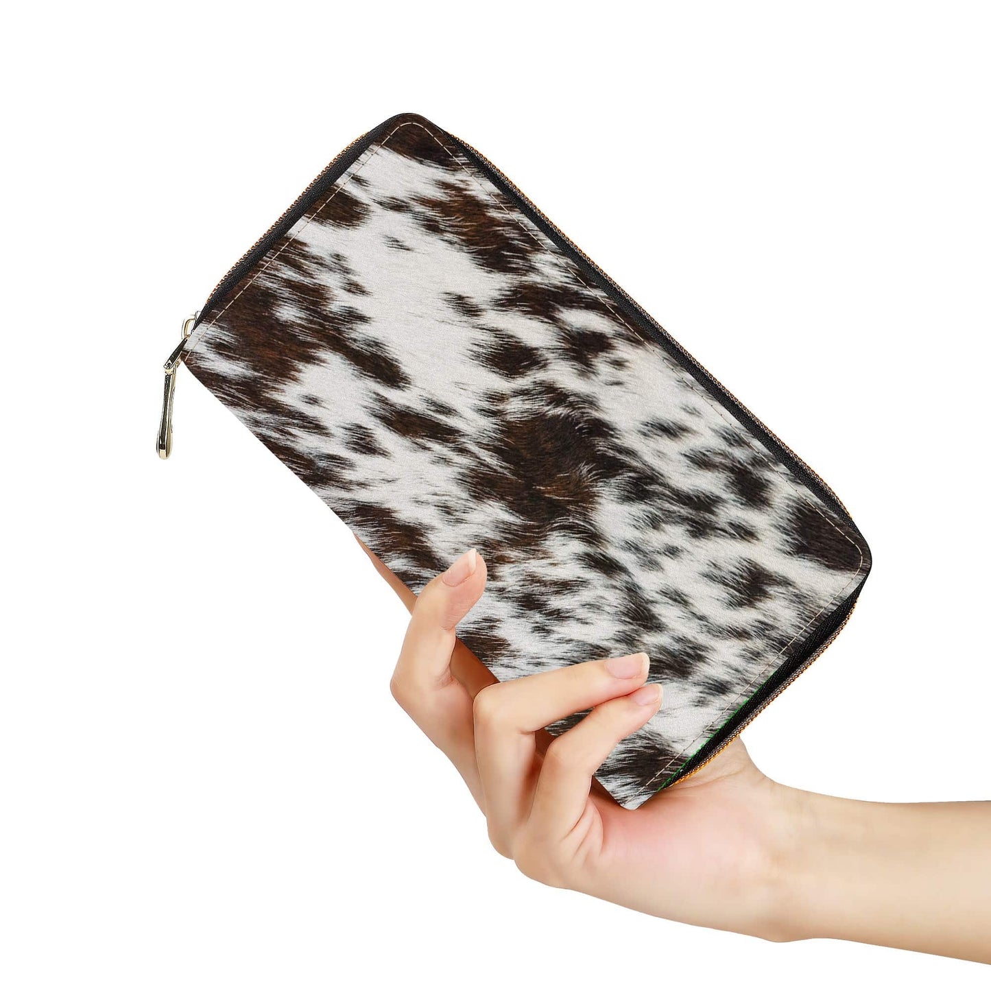 Brown and white Cowhide Print Zipper Billfold Clutch Wallet - Expressive DeZien 