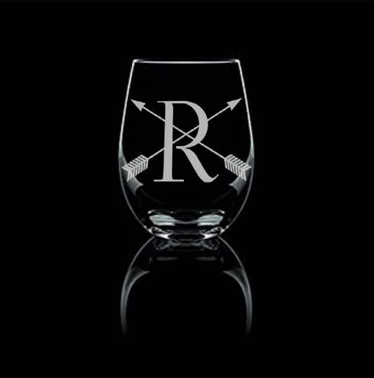 Etched Crossed Arrow Monogram Stemless Wine Glass 20.5oz - Expressive DeZien 
