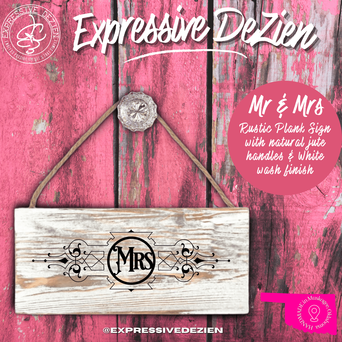 Rustic Mr & Mrs Whitewash Plank Sign with Antique Jute Handles - Expressive DeZien