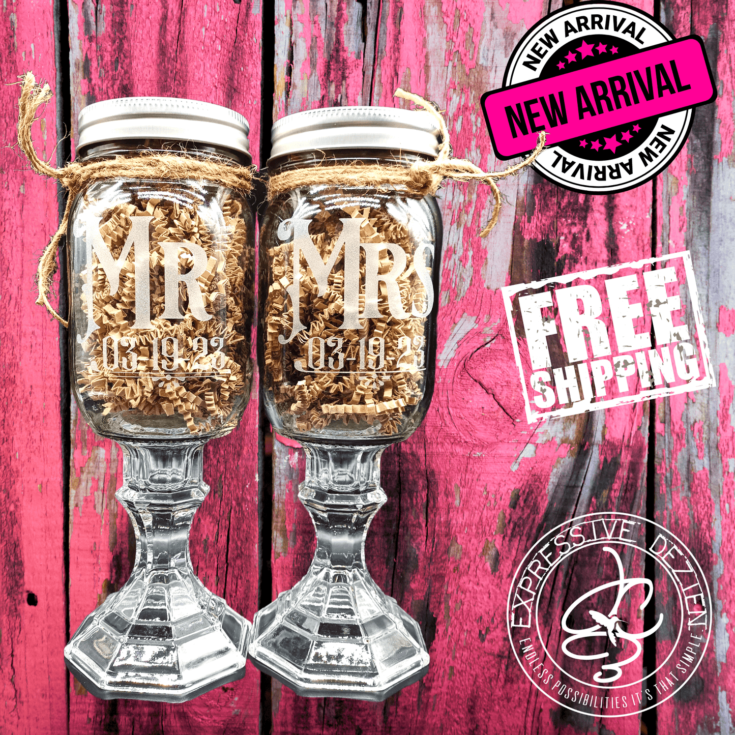 Handmade Sandblasted Etched Mr & Mrs Toasting Glasses with Rustic Jute & Crinkle Paper Packaging - Expressive DeZien