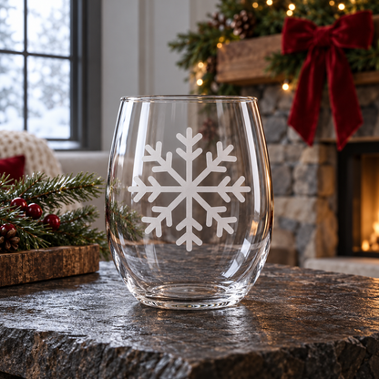 Winter's Whisper Snowflake design, permanently sandblasted on a clear 20.5 oz stemless wine glass, product view 5