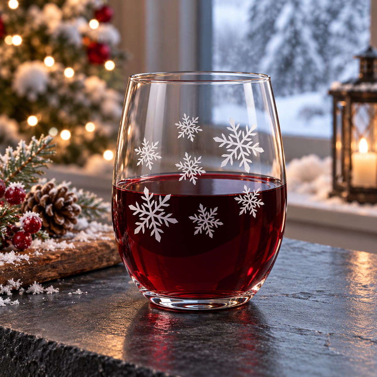 Blizzard Delight Snowflake design, permanently sandblasted on a clear 20.5 oz stemless wine glass, product view 1