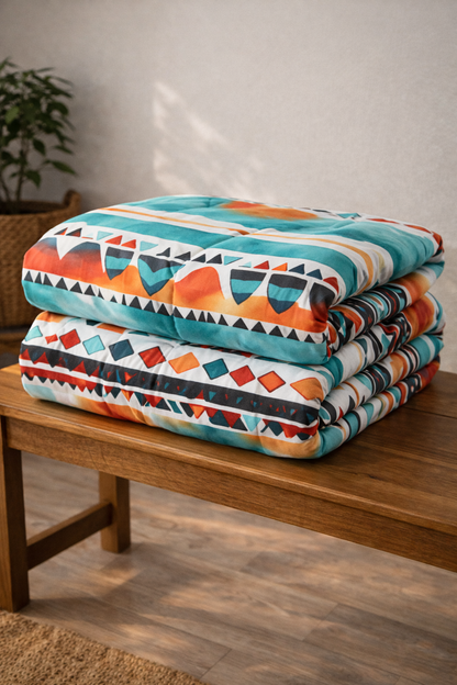 Southwest Geometric Comforter | Teal Red and Orange Tribal Print | Expressive DeZien