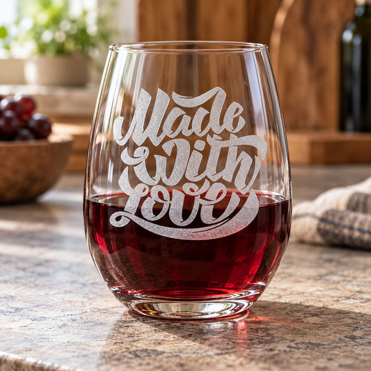 Made with Love Script etched stemless wine glass. Glass with red wine showing bold flowing script.
