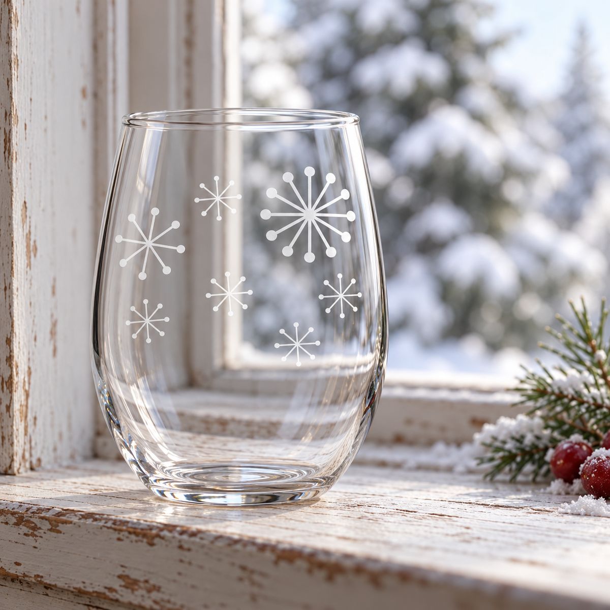Retro Winter Snowflake design, permanently sandblasted on a clear 20.5 oz stemless wine glass, product view 4
