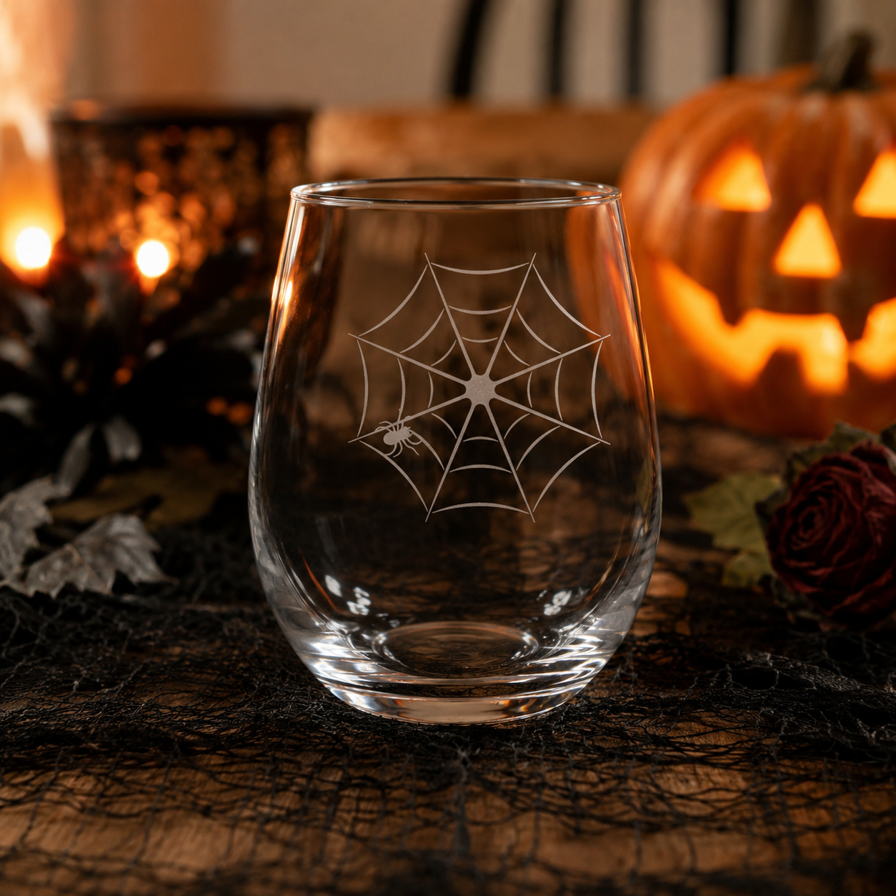 Etched Stemless Wine Glass 20.5oz | Spider Web | Deep Carved Sandblasted Glass | Expressive DeZien