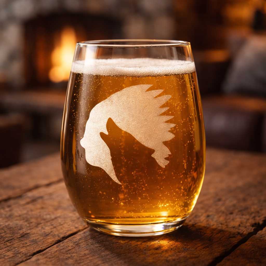 Etched Stemless Wine Glass 20.5oz | Native Wolf | Deep Carved Sandblasted Glass | Expressive DeZien