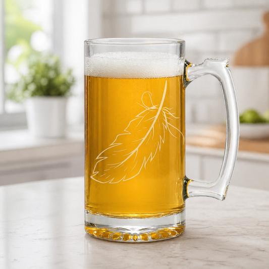Etched Beer Mug 26.5oz | Falling Feather | Deep Carved Sandblasted Glass | Expressive DeZien