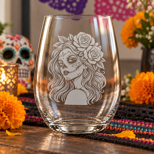 Etched Stemless Wine Glass 20.5oz | Day of the Dead Rose Beauty | Deep Carved Sandblasted Glass | Expressive DeZien