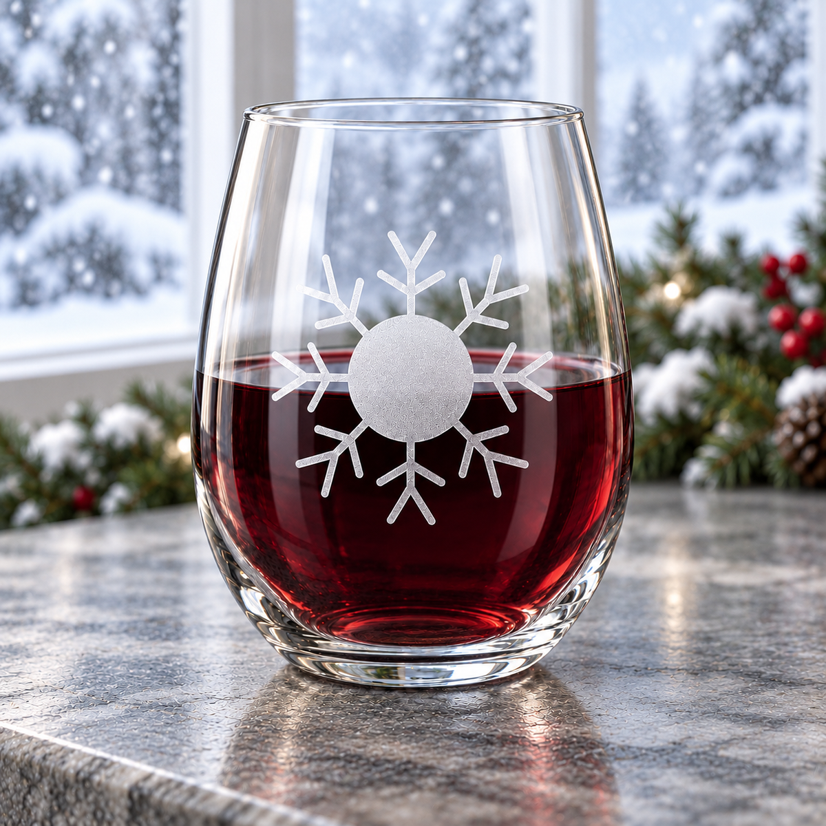 Polar Splendor Snowflake design, permanently sandblasted on a clear 20.5 oz stemless wine glass, product view 1