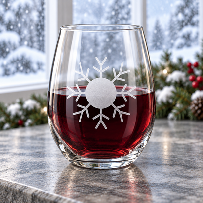 Polar Splendor Snowflake design, permanently sandblasted on a clear 20.5 oz stemless wine glass, product view 1