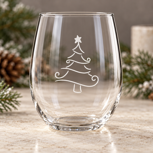 Jolly Christmas Tree Etched Stemless Wine Glass | 20.5 oz