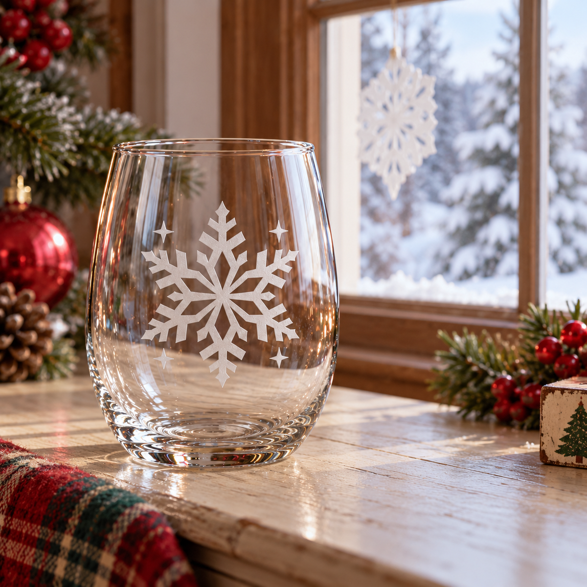 Retro Snowfall geometric snowflake deep sandblasted on a clear 20.5 oz stemless wine glass, product photograph 6