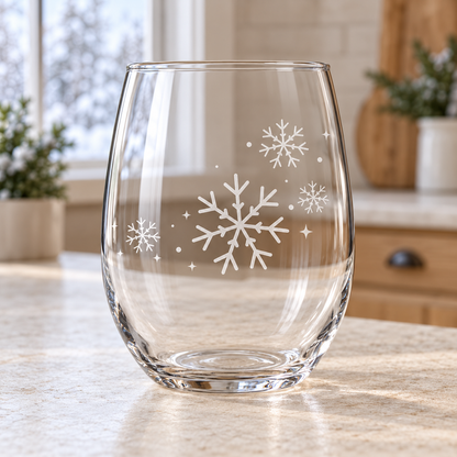 Frozen Symphony Snowflake design, permanently sandblasted on a clear 20.5 oz stemless wine glass, product view 3