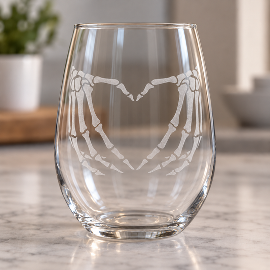 Etched Stemless Wine Glass 20.5oz | Skeleton Love | Deep Carved Sandblasted Glass | Expressive DeZien