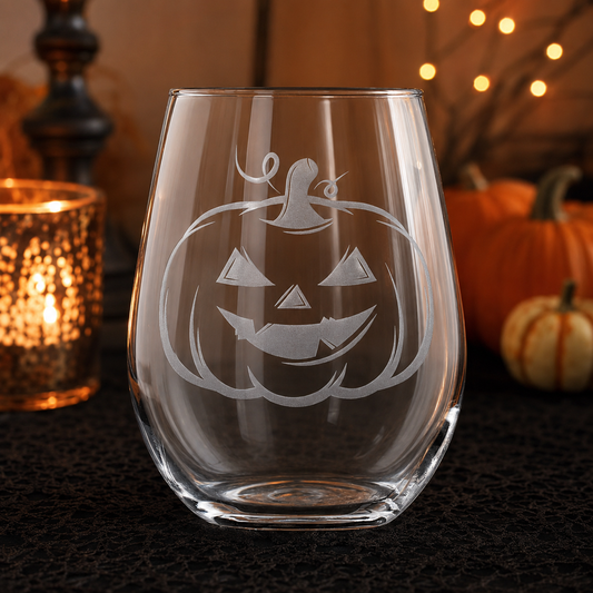 Etched Stemless Wine Glass 20.5oz | Halloween Pumpkin | Deep Carved Sandblasted Glass | Expressive DeZien