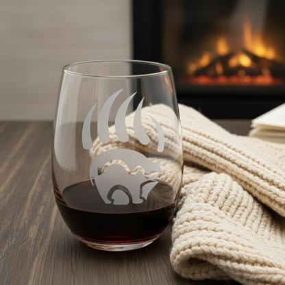 Sand-Carved Bear Claw Stemless Wine Glass (20.5oz) | Unique Bear Etched Glass Gift