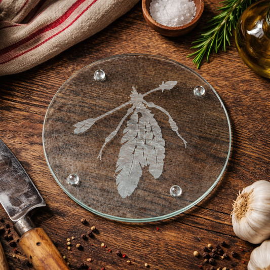 Etched Glass Feather Trivet | Round Cutting Board | Deep Carved Sandblasted Glass | Expressive DeZien