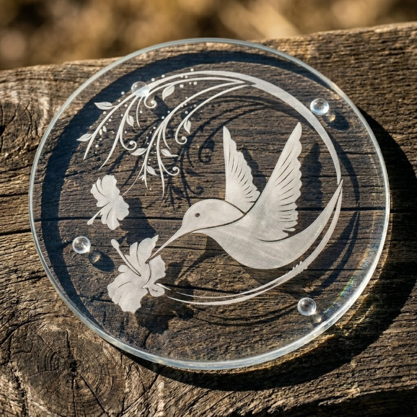 Hand-etched Hummingbird & Morning Glory Glass Trivet | Deep Carved Sandblasted Glass | Expressive DeZien