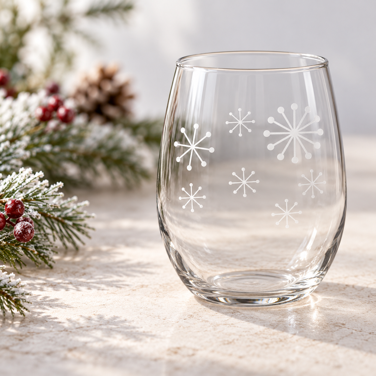 Retro Winter Snowflake design, permanently sandblasted on a clear 20.5 oz stemless wine glass, product view 3